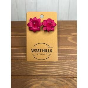 Genuine Leather Flower Earrings Bright Pink Pansy Post Earrings NEW!  FAST SHIP
